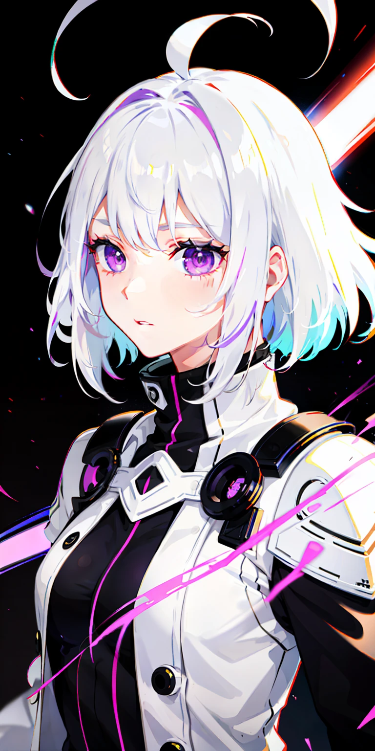 1 girl、8k、Sharp focus、(Bokeh) (Highest quality) (Detailed skin:1.3) (Intricate details) (anime)、Short silver bob hair held together with a hair clip, Pink Eyes、White and blue pilot suit、smile、profile、Upper body close-up