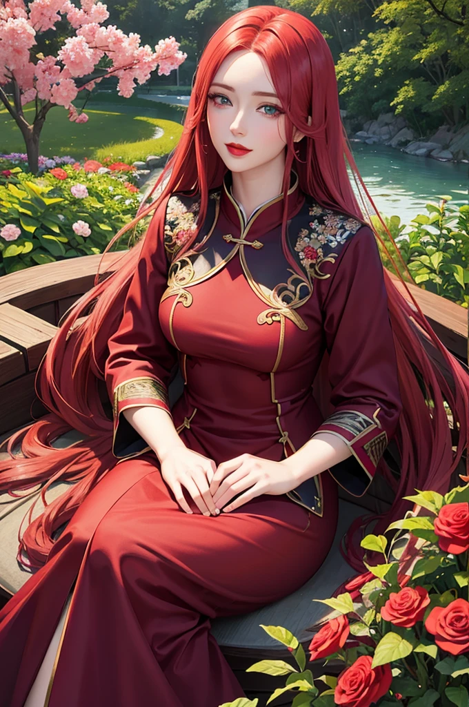 Illustration at a flower garden A female expert, long shiny red hair, Beautifully detailed blue eyes. Beautifully detailed red lips The eyelashes are a raft of realistic details. Wearing a beautiful red Chinese dress, sitting (Best quality 4k high definition masterpiece...: 1.2) Very detailed ( Realistic:1.37)smile, Art masterpieces at the scene , Look straight at the camera..