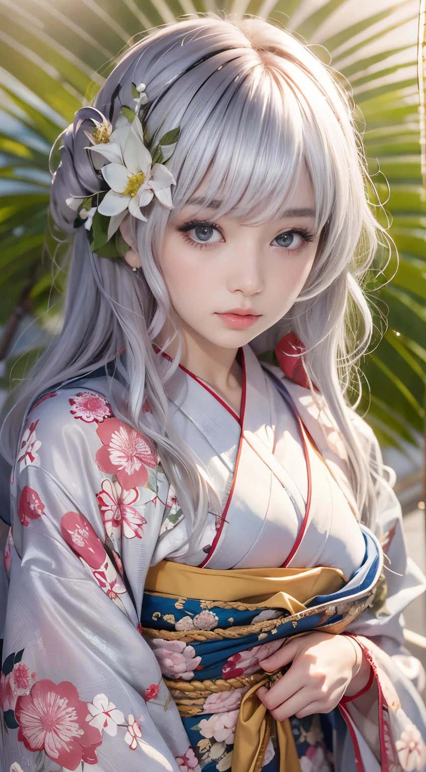 There is a woman wearing a kimono and holding a flower-patterned umbrella......, in a kimono, in a kimono, Kimono, pale and coloured kimono, Wearing kimono, wearing silver silk robe, japanese kimono, shikamimi, sakimichan, In silver silk robes, Anime Girl , goddess of Japan, Ayami Kojima Amano, portrait a woman like reol, Wearing a kimono