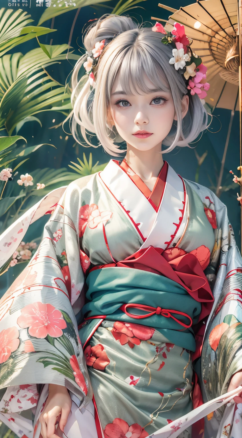 There is a woman wearing a kimono and holding a flower-patterned umbrella......, in a kimono, in a kimono, Kimono, pale and coloured kimono, Wearing kimono, wearing silver silk robe, japanese kimono, shikamimi, sakimichan, In silver silk robes, Anime Girl , goddess of Japan, Ayami Kojima Amano, portrait a woman like reol, Wearing a kimono