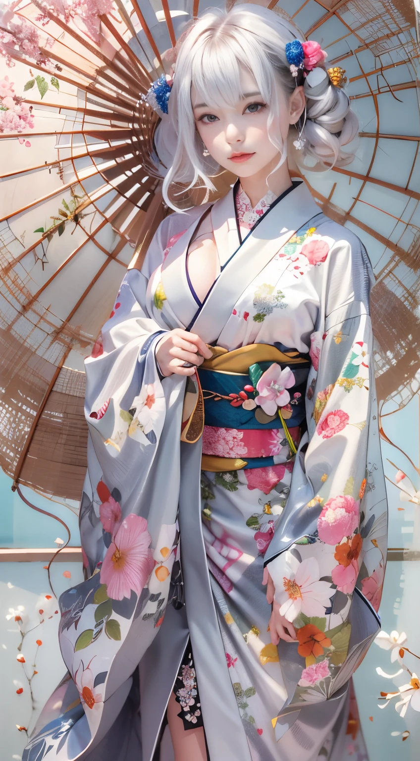 There is a woman wearing a kimono and holding a flower-patterned umbrella......, in a kimono, in a kimono, Kimono, pale and coloured kimono, Wearing kimono, wearing silver silk robe, japanese kimono, shikamimi, sakimichan, In silver silk robes, Anime Girl , goddess of Japan, Ayami Kojima Amano, portrait a woman like reol, Wearing a kimono