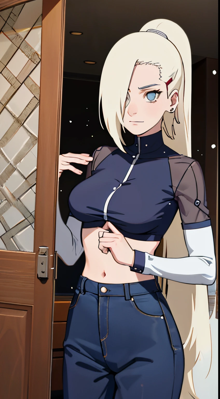 Ino yamanaka, schneit, sat,Spaltung,smil,Rot im Gesicht sein,drinnen im Zimmer,Nahaufnahme Nahaufnahme,mit einer guten Figur,mid large breasts,enges, open white shirt,Blaue skinny Jeans,both arms behind the back,perfekter Arsch,Ansicht von hinten,ansicht auf den Arsch,Arsch guckt in die Kamera,runder arsch,zeigt ihren Arsch, sidelighting, light particles, wallpaper,