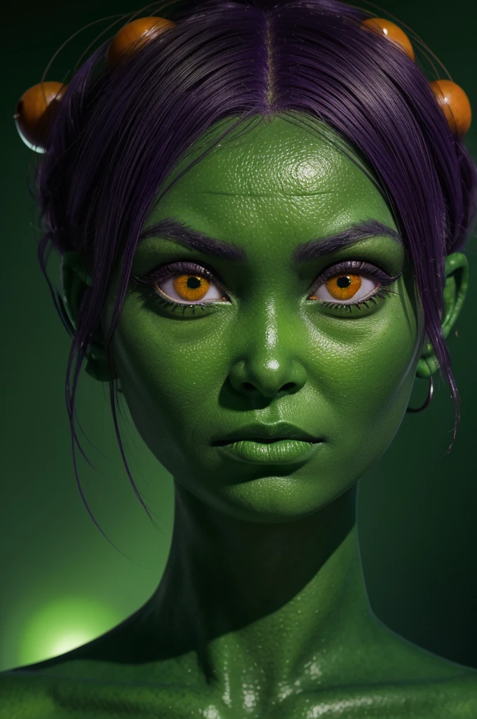 a green female alien, full green skin, wearing purple dress, perfect body type, round orange alien eyes, little alien antenna on her head, dark green lips, perfect figure, three eyes , extra eye on forehead , dark green hairs, orange alien eyes, full green skin, realistic photography