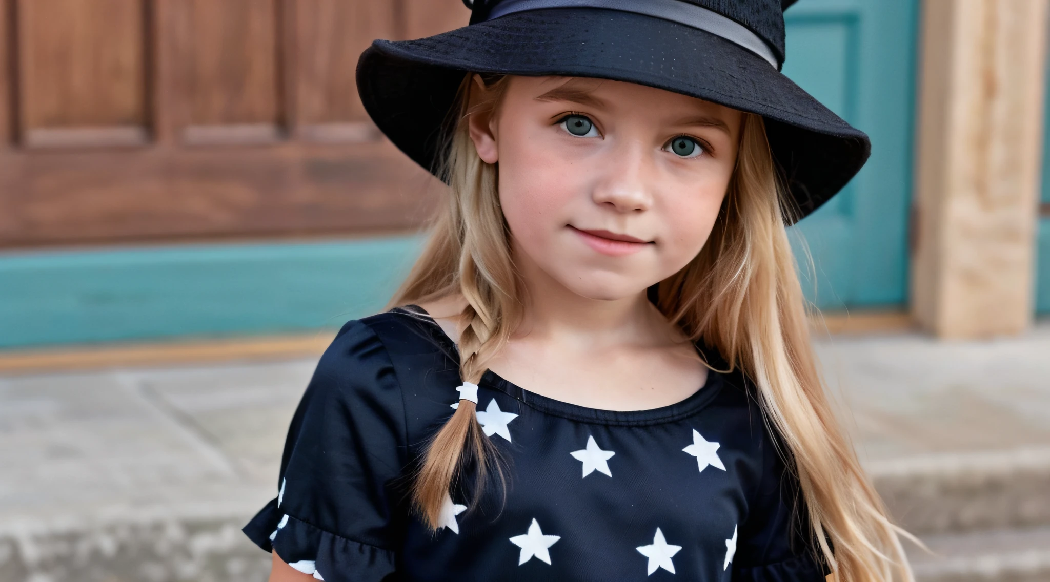 a close-up of a BLONDE KIDS GIRL with long hair and a black hat with a star, URSS, um vestido CINZA LONGO.