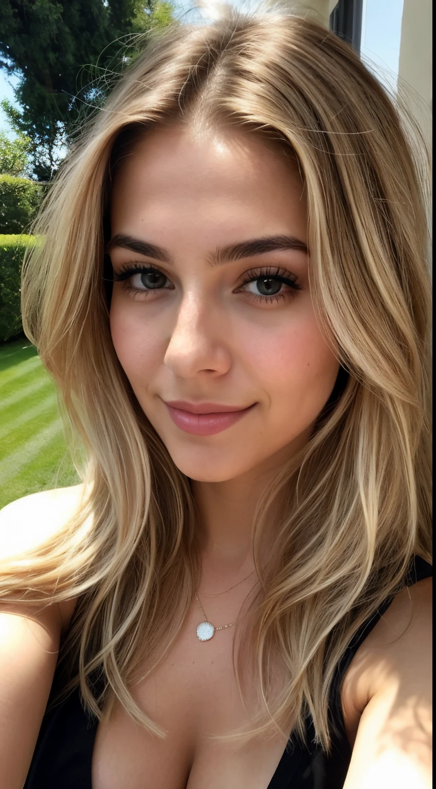 A 23-year-old blonde woman, ((pechos grandes)), ((hiperrealismo)) ,. blonde hair with light brown roots. cabello rubio, Hair with brown roots, cabello extra largo, cabello muy largo, really long hair, Beautiful, Front view, selfie, photo taken with iPhone, elegant black shirt with escote, escotada, selfie in the garden, high quality, selfie iPhone, cleavage