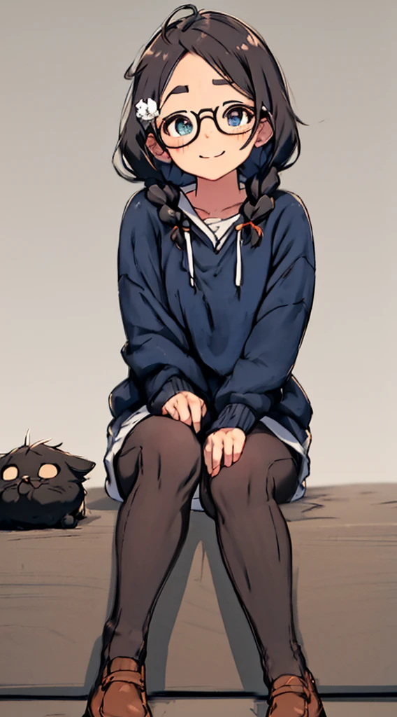 masterpiece, top-quality, One lady, bilaterally symmetrical, Japan people in their 20s, A slight smil, Smiling smile, Feeling embarrassed, (A dark-haired, Short perm, Short Bob, Curly/curly hair, With bangs, Make two braids on the back of your hair, attach hairpins to bangs), (thick eyebrow, draw thick eyebrows), (drooing eyes, Blue eyes, Blue eyes), Small nose, Thicker lips, (rimless glasses, Small glasses, glasses for women), Wheat-toned skin, Outer is black jacket, The inner hoodie is orange, wearing blue jeans, wearing brown shoes, and draw the full body, Sitting pose with both knees raised, dynamic sitting pose, Sitting on the couch, (Looking at the camera, Front of camera, Look at viewers, Front attitude, Turn your face to the viewer, whole body facing the viewer).