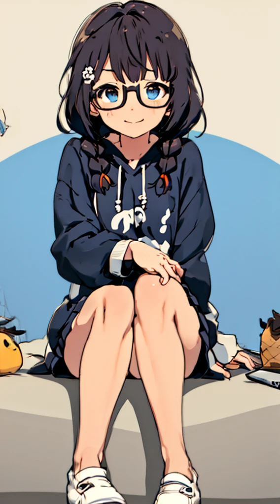 masterpiece, top-quality, One lady, Japan people in their 20s, A smile with the corners of his mouth raised, a smile, Blushing smile, (A dark-haired, Short perm, Short Bob, Curly/curly hair, Shorthair, With bangs, poneyTail, The back hair is a ponytail, attach hairpins to bangs), (thick eyebrow, draw thick eyebrows), (drooing eyes, Blue eyes, Blue eyes), Small nose, Thicker lips, (Rimless glasses, Small glasses, glasses for women), Wheat-toned skin, wearing an orange hoodie, wearing blue jeans, Wearing brown shoes, and draw the full body, Sitting pose with both knees raised, dynamic sitting pose, Sitting on a cushion, Fantastic background, (Looking at the camera, Front of camera, Look at viewers, Front attitude, Turn your face to the viewer, whole body facing the viewer).