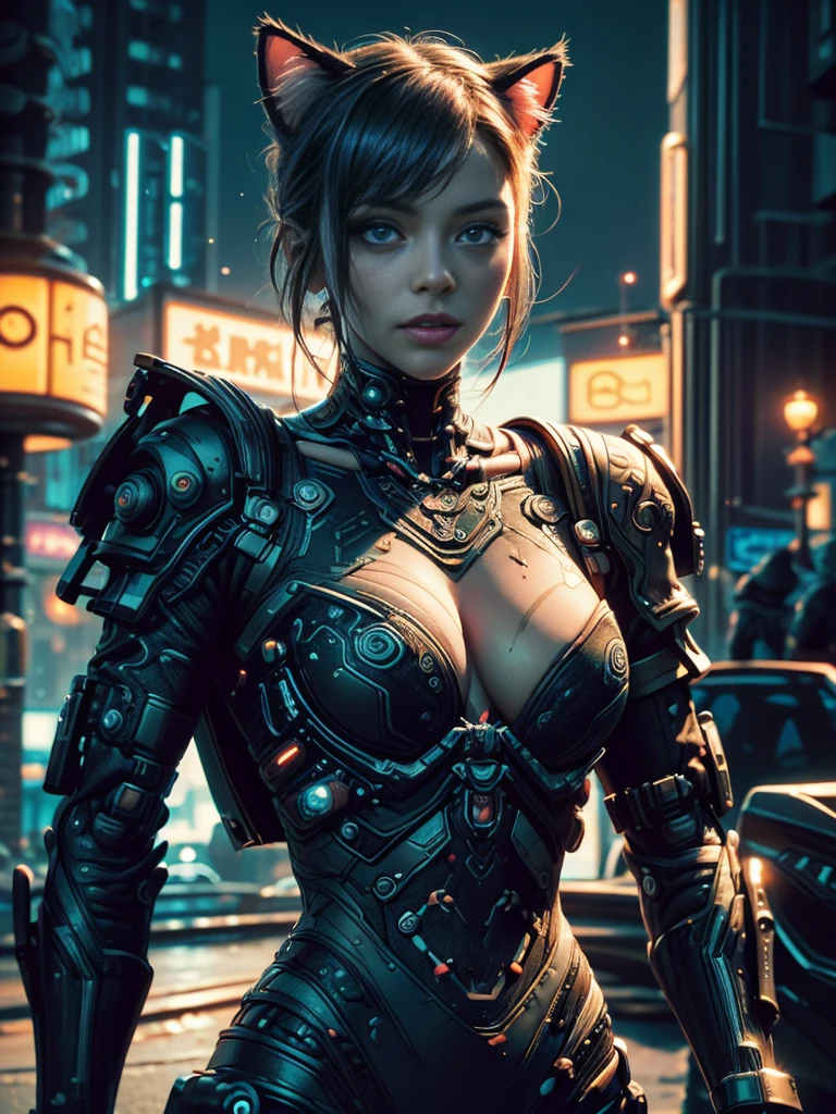 top quality, future world, State-of-the-art robot, Beautiful Woman, flying hair, (Transformed into a cyborg except for the face), sexy images, whole body photo, ((black Trench Coat AND uncovered cleavage))