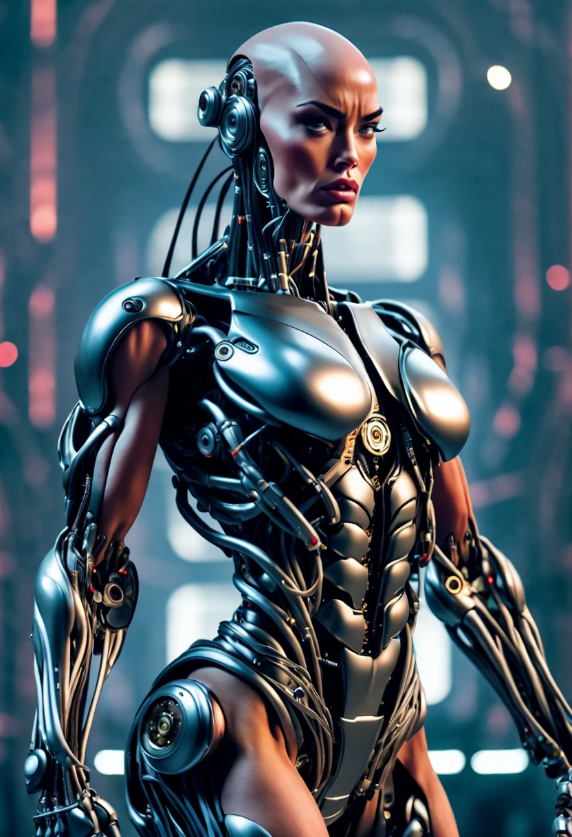 (beautiful muscular borg queen:1.25), (megan-fox:1.5), (full body pose), (mechanical muscles and tendons:1.5), (no hair), (bald head covered in cables:1.5), (robotic mechanical physique:1.5), (super muscular female cyborg:1.5), (covered in cables and mechanical muscles:1.5), (android muscular anatomy:1.5), (perfect fingers:1.25),(8k, RAW photo, photorealistic:1.25), sci fi atmosphere, futuristic dystopia, alien landscape,