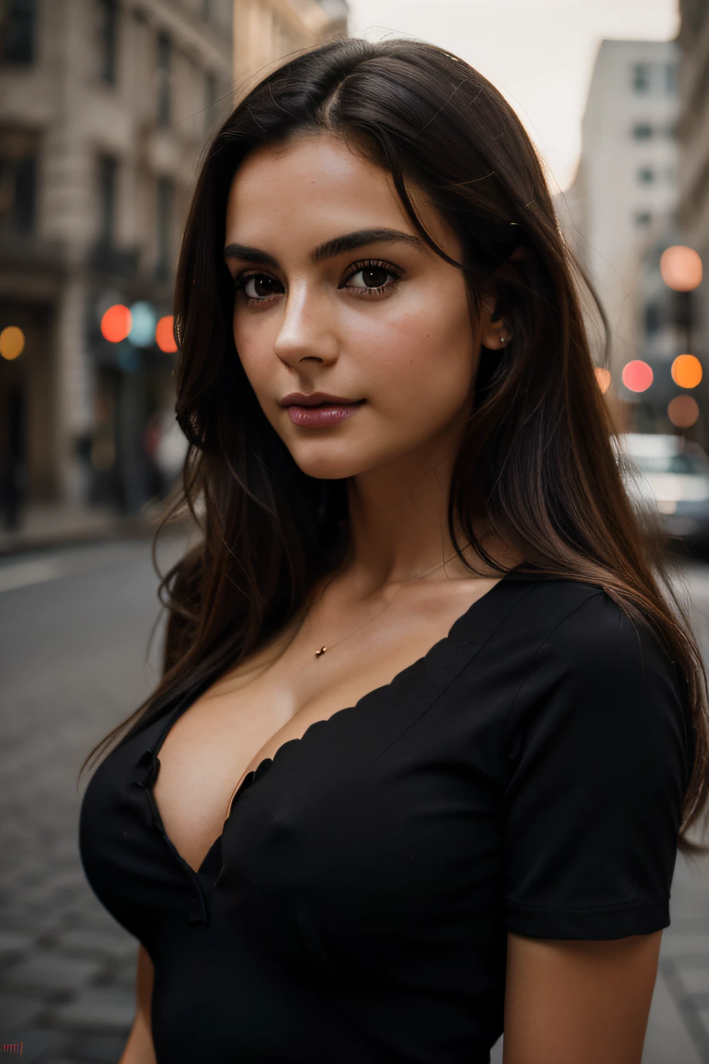 photography of a stunning girl, in the city, wearing a black top, enjoying, girl, summer, hot girl, (((medium bust))), brunette hair, long_hair, looks into the camera, symmetrical face, photorealistic, photography, spectacular lighting,, gorgeous, cleavage, western, (masterpice), best quality, high resolution, extremely detailed, skin with pores, blurred background, depth of field, cinematic lighting