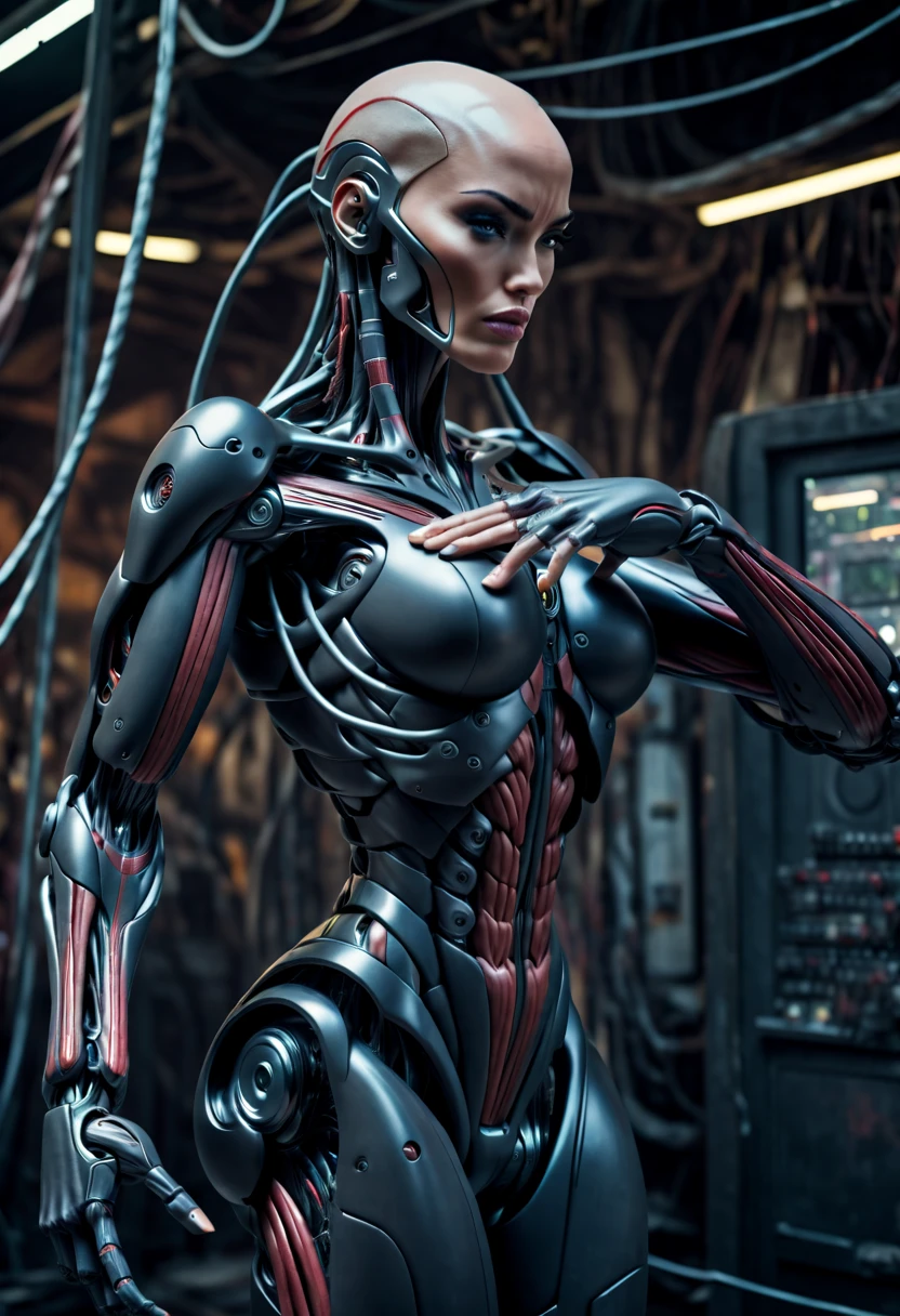 (beautiful muscular borg queen:1.25), (megan-fox:1.5), (full body pose), (mechanical muscles and tendons:1.5), (no hair), (bald head covered in cables:1.5), (robotic mechanical physique:1.5), (super muscular female cyborg:1.5), (covered in cables and mechanical muscles:1.5), (android muscular anatomy:1.5), (perfect fingers:1.25),(8k, RAW photo, photorealistic:1.25), sci fi atmosphere, futuristic dystopia, alien landscape,