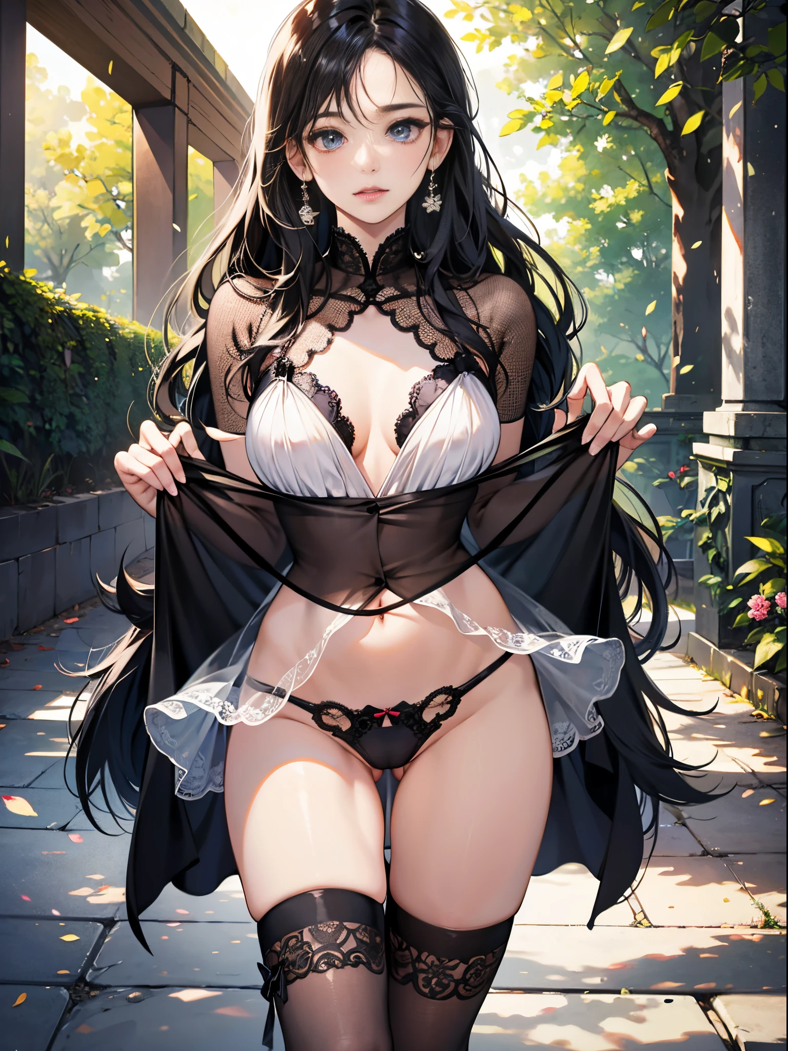 extremely highly detailed、extremely highly detailed face, eyes, masterpiece、Top Quality、超High Resolution A、8K high-definition、Photogenic clarity、A detailed eye、gradation、perfect anatomy body proportions, hard disk、NSFW, Nikon z9 80mm lens, 、Indian babe standing、Light panties made of lace material、malocclusion of teeth, White tight t-shirt、braids black hair, The dress is made of lace material, Show me all the panties, The skirt is worn、Lift skirt hem、panties focus、Natural light that is too bright、sunshine、Detail lace panty pattern、black thong、While standing, Lift the skirt and show the black panties to the camera、Beautiful alignment 、Lift your skirt big 、dripping liquid skin, beautiful (cunt: 1.4), (plongée view) from perfect (clitoris: 1.4), clearly visible, nude -imagine, Slim Body, Small breasts、The body shape of a slender model、Beautiful posture、YES NSFW --auto --s2