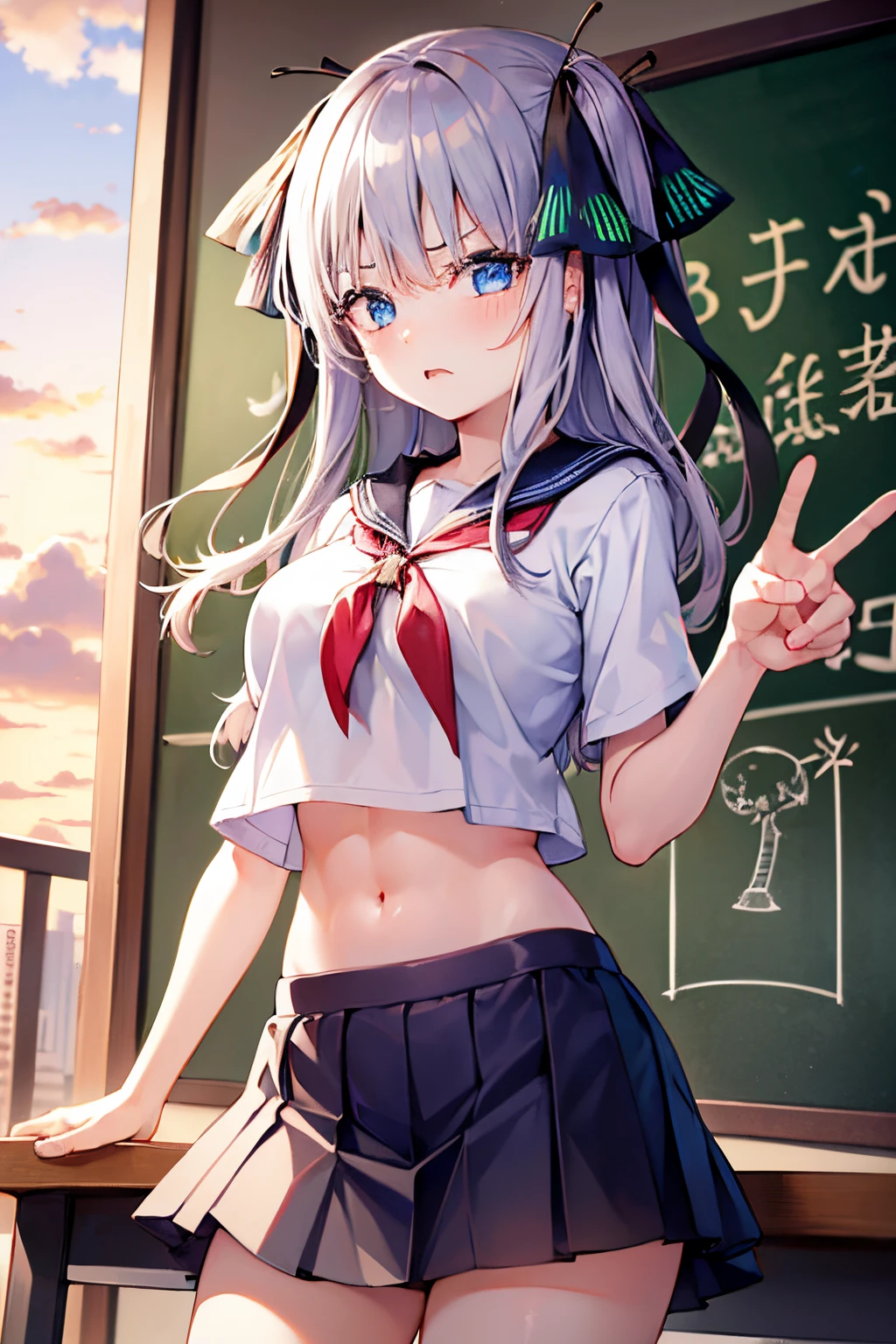 1 girl、Nino　Nakano、silber hair　butterfly hair、Sunset　‎Classroom　chalk board、light blu　Pleated mini-skirt、White the　a sailor suit、Pointing　is standing、angry looking face、huge tit、Toned abs　Navel Ejection