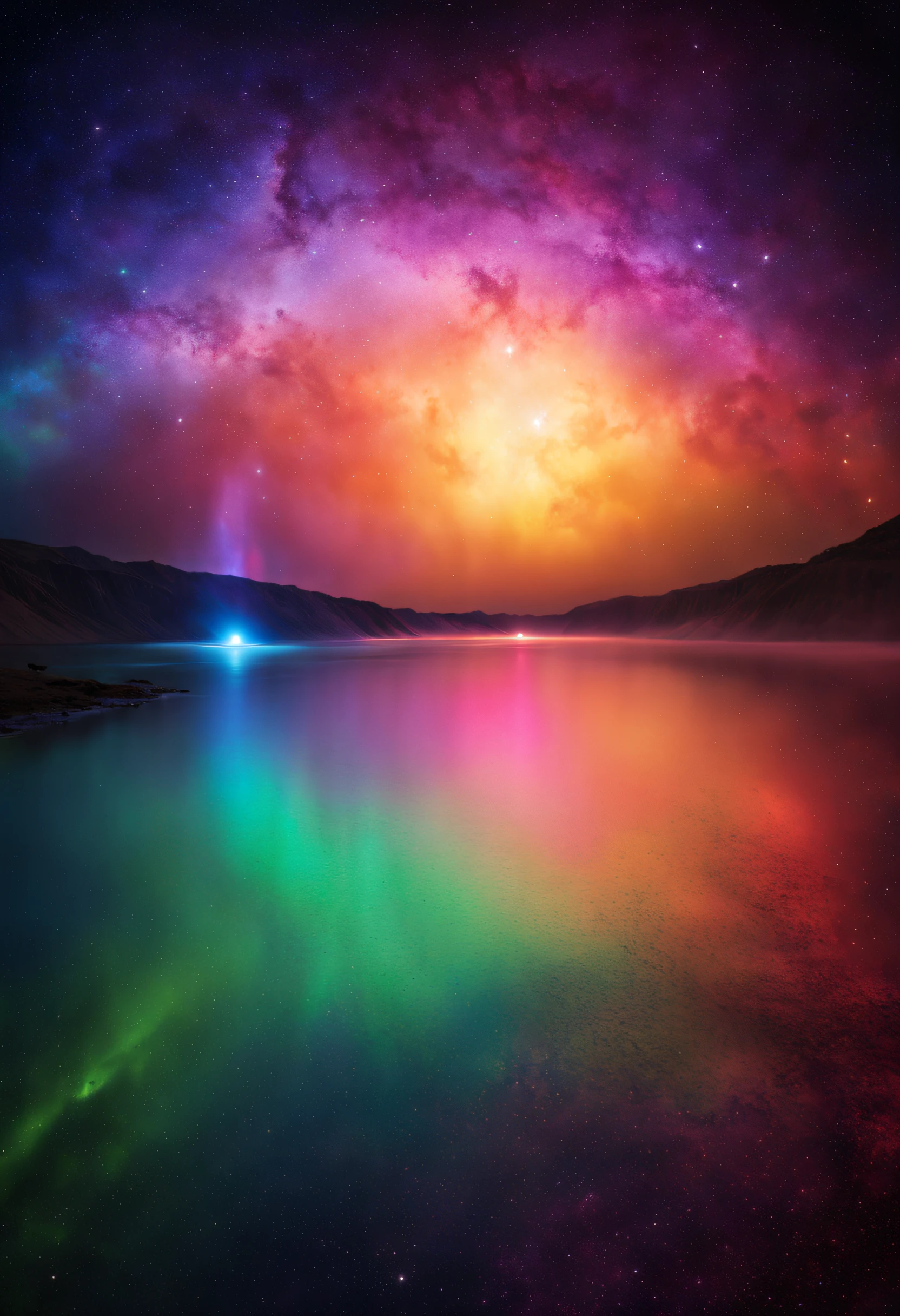 In a distant galaxy, a magnificent colorful and textured sunset, a light veil of colored dust is visible, as well as the aurora boreals