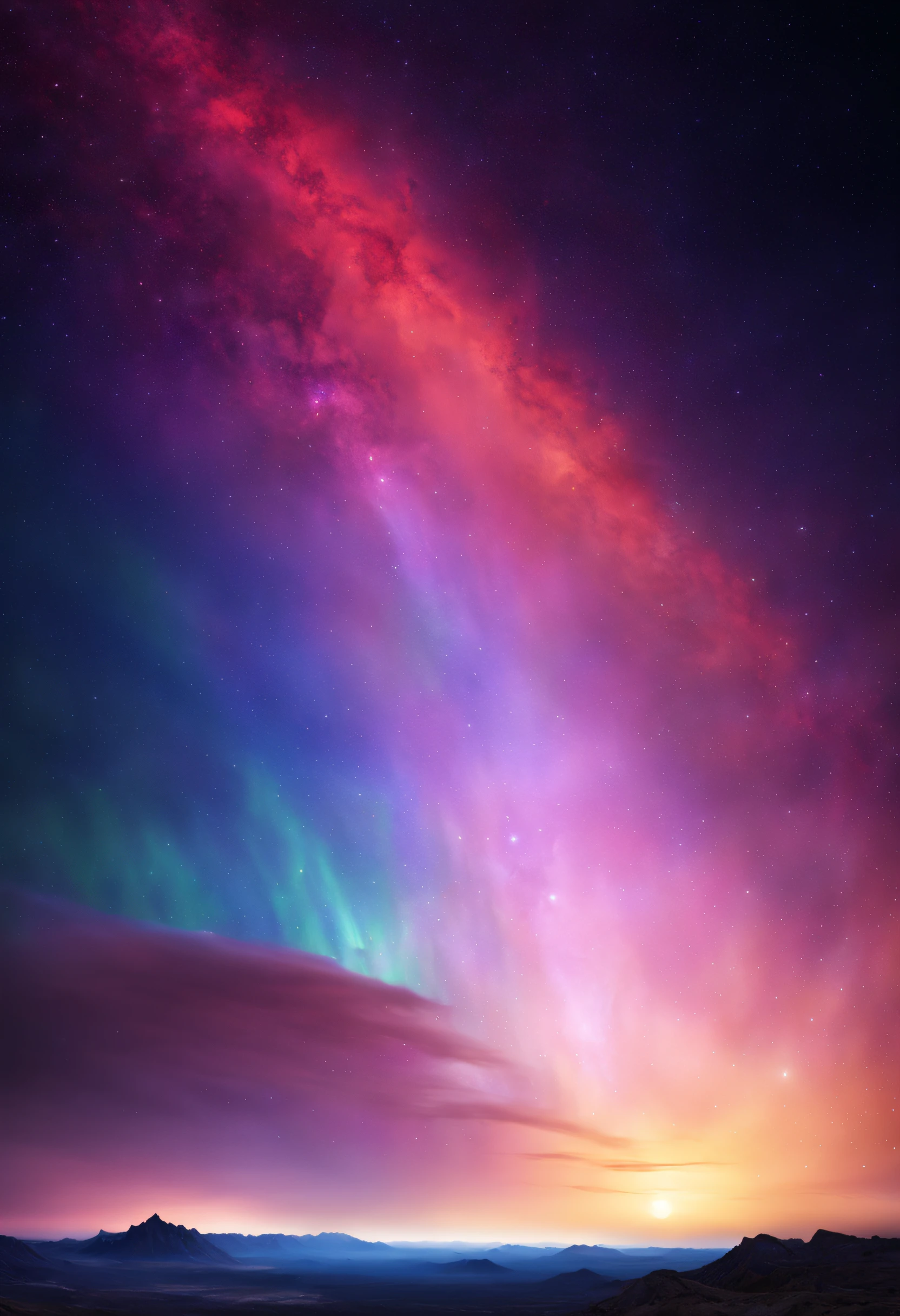 In a distant galaxy, a magnificent colorful and textured sunset, a light veil of colored dust is visible, as well as the aurora boreals