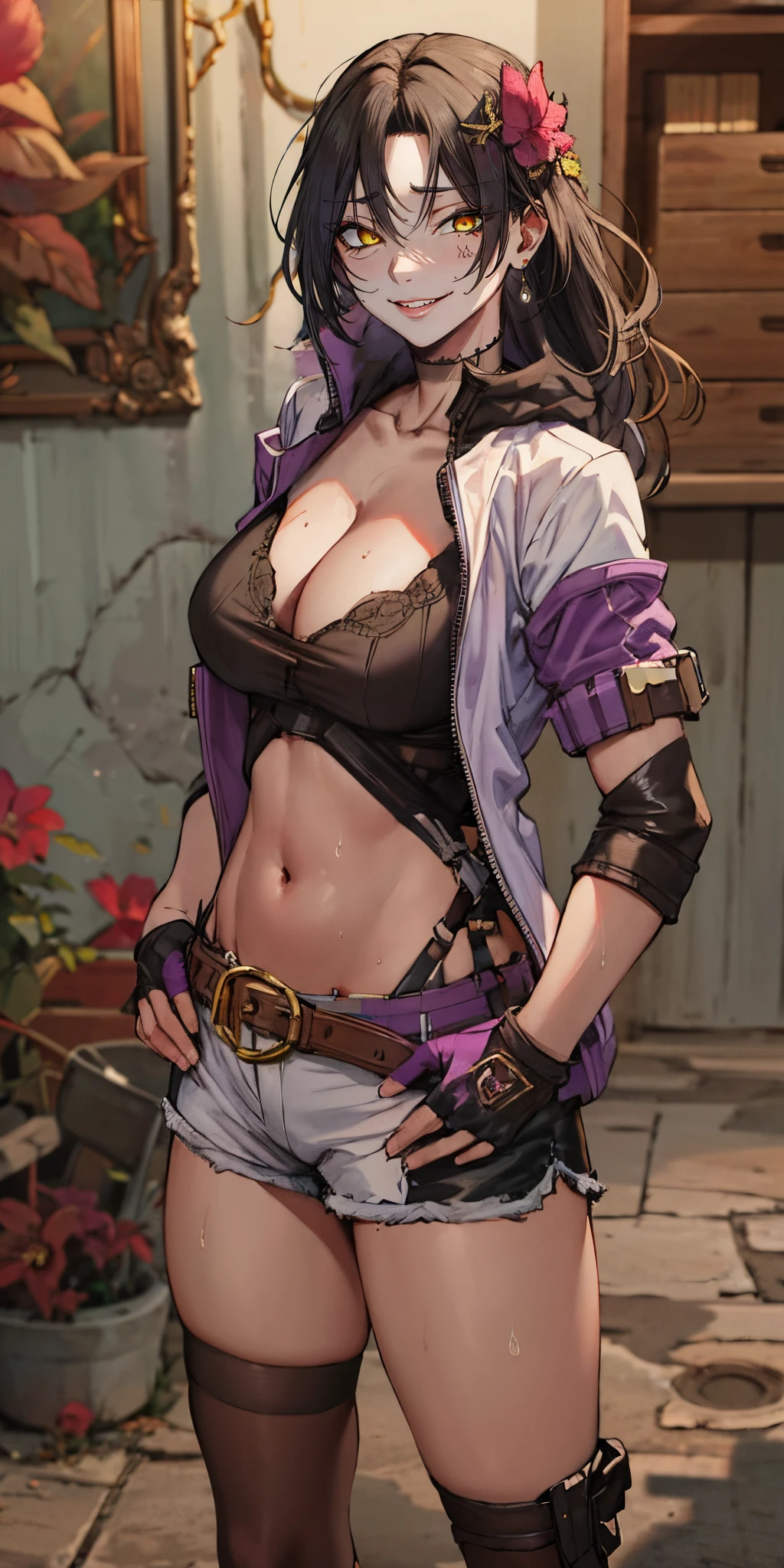 anatomically correct, best quality, masterpiece, high quality, high details, highres, HD, (shaded face:1.2), hollow eyes, yellow looking at viewer, smirk, upper teeth, black hair, long hair, forehead, huge breasts, sagging breasts, sweating, "Photorealistic, Hyperrealistic, Hyperdetailed, analog style, soft lighting, subsurface scattering, realistic, heavy shadow, masterpiece, best quality, ultra realistic, 8k, golden ratio, Intricate, High Detail, film photography, soft focus, fantasy art, 1girl, breasts, fingerless_gloves, gloves, navel, shorts, hair_ornament, flower, solo, earrings, purple_eyes, hair_flower, long_hair, cutoffs, looking_at_viewer, belt, black_hair, jewelry, black_gloves, jacket, large_breasts, short_shorts, collarbone, smile, cleavage, rating:safe, thigh_strap, stomach, sweat, standing, bangs, blush, purple_flower, hand_on_hip