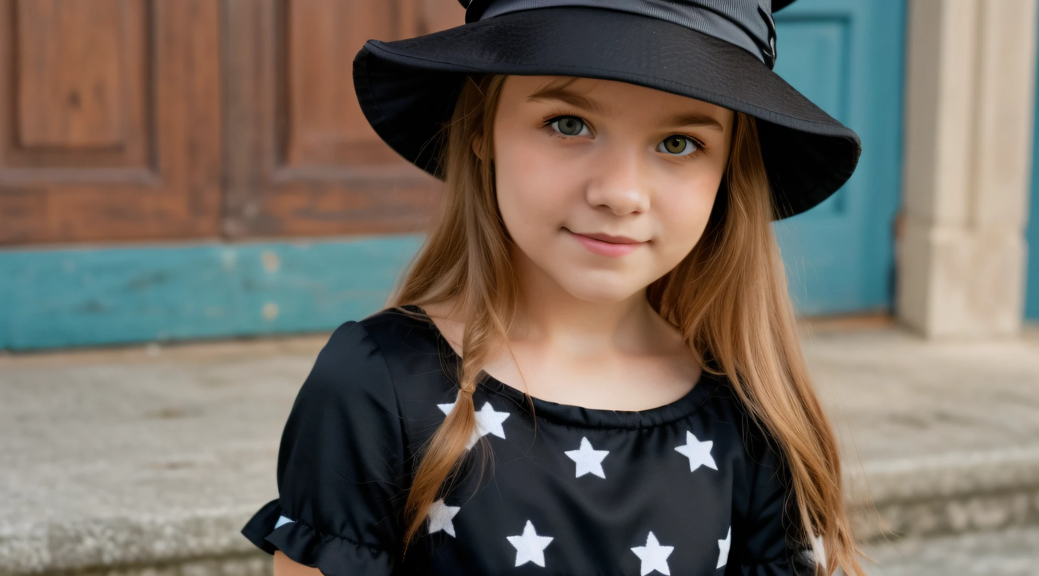 there is a young woman wearing a black hat and a black dress, Retrato de uma jovem bruxa, lindo modelo jovem, wearing black old dress and hat, wearing black dress and hat, menina jovem bonito, Retrato de uma jovem bruxa, menina bruxa, Foto retrato em close-up, wearing black witch hat, portrait of magical young girl, wearing a witch's hat, Foto retrato