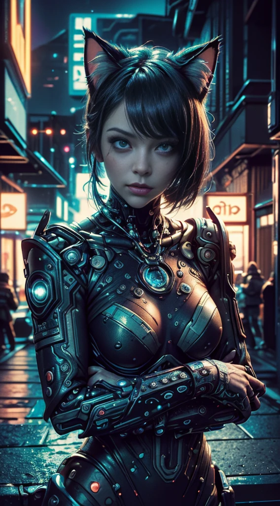 Beautiful photo of Reika Shimohira as a ((Cyberpunk Nekomata ((catgirl)))), ((shapeless hairstyle)), slender body, cat ears, cat tail), (full length shot), (dynamic pose), science fiction, ((futuristic cyberpunk city in the background)), Gantz, Cyberpunk 2077, Ultra realistic photo, masterpiece, best quality, CG, wallpaper, HDR, high quality, high-definition, extremely detailed, {beautiful detailed face}, {beautiful detailed eyes}, (detailed light){{intricate detail}}, {highres}, ((detailed face)), neon light, chiaroscuro, key visual, intricate detail, highly detailed, breathtaking, vibrant, cinematic lighting, 18+, Nsfw