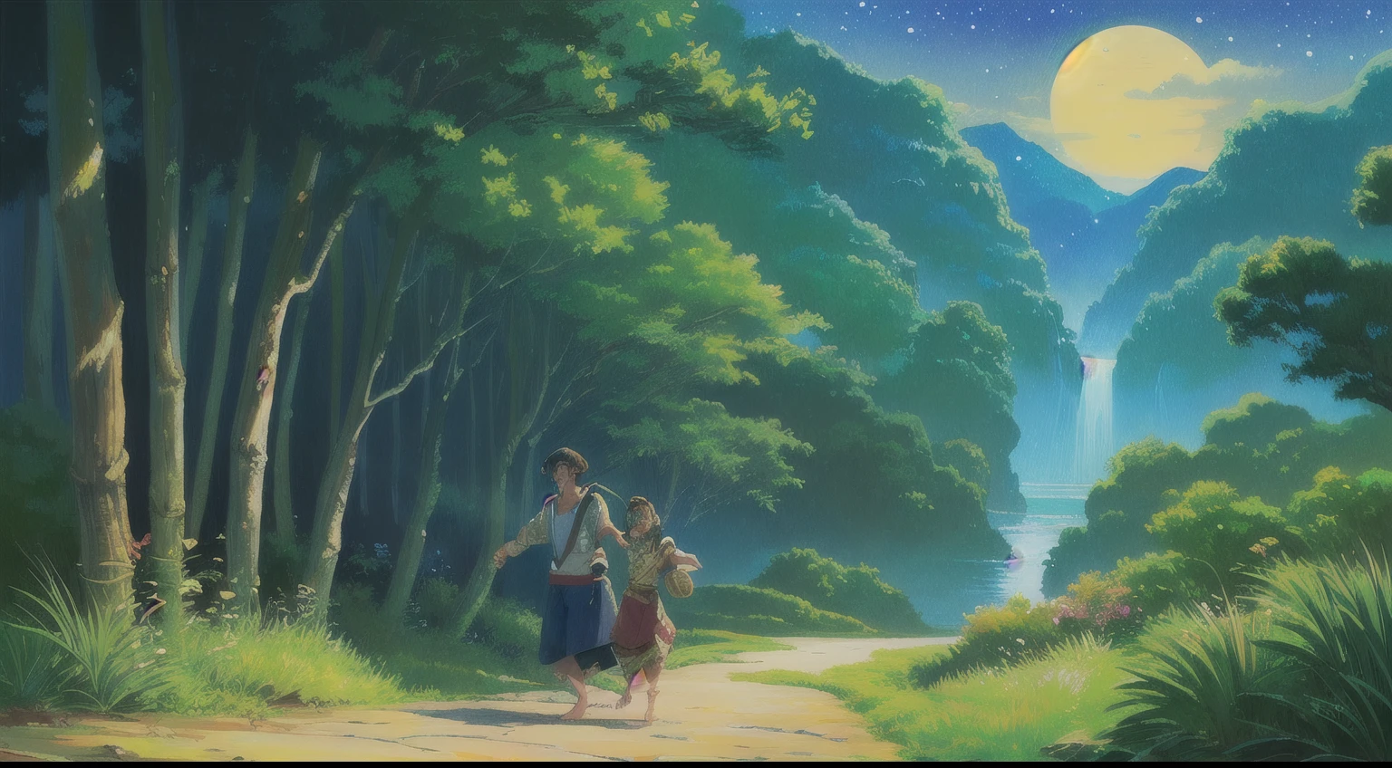 A noite envolvia a aldeia, and the stars shone in the sky. Chihiro caminhava pelas ruas desertas, listening to the sound of the gentle waves of the river that flowed through the village. She followed the path that led to the bamboo forest, where he had seen spirits floating the night before