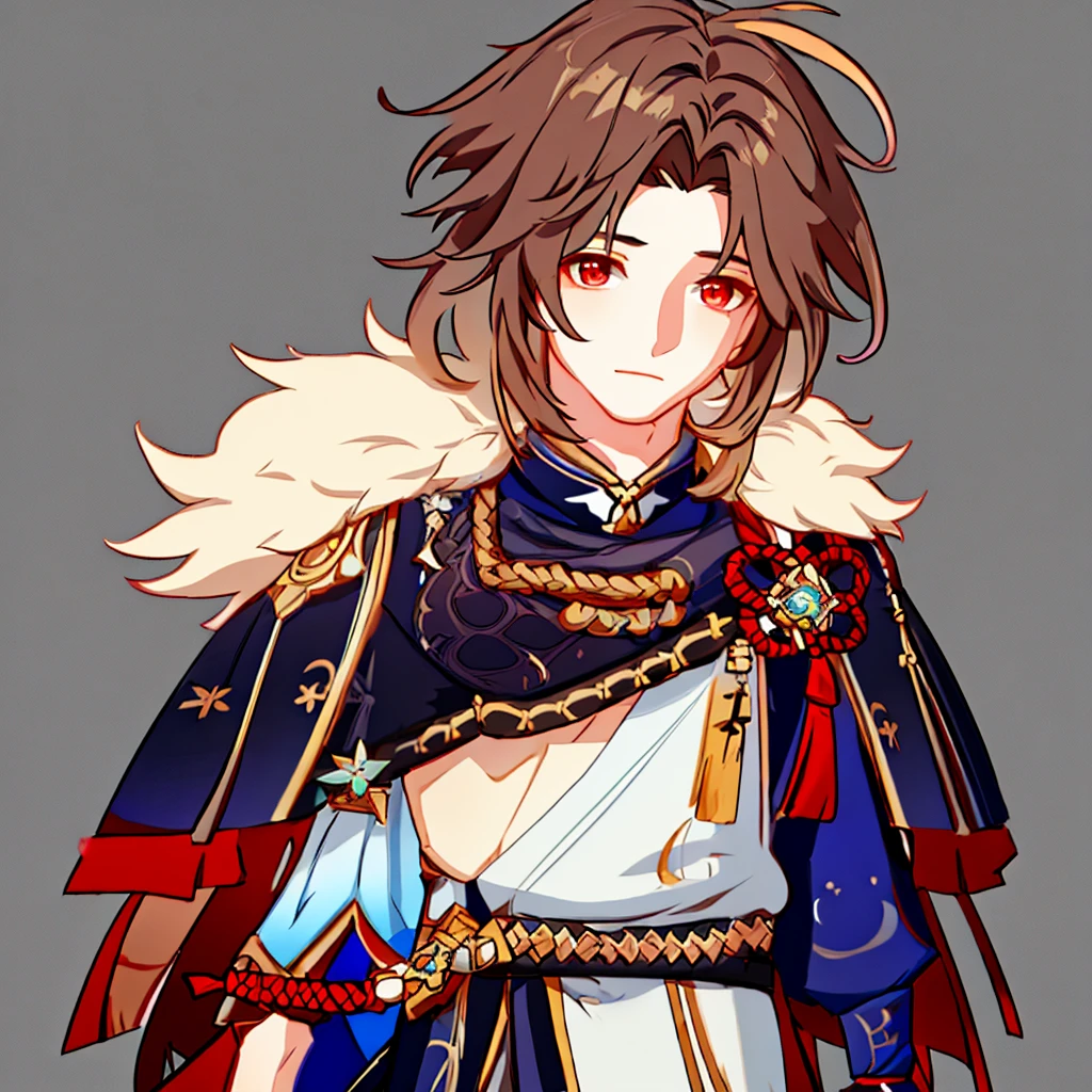 A boy, with messy LONG boyish hair, BROWN hair, RED eyes, adorable eyes, (correct anatomy, advanced details, high quality result), (male), (solo), (young), [realistic], [vivid colors], [studio lighting], [sharp focus], [physically-based rendering], [extreme detail description], [portraits], [soft and warm tones], [natural lighting], [Genshin Model Style], [Genshin Impact Model Style]