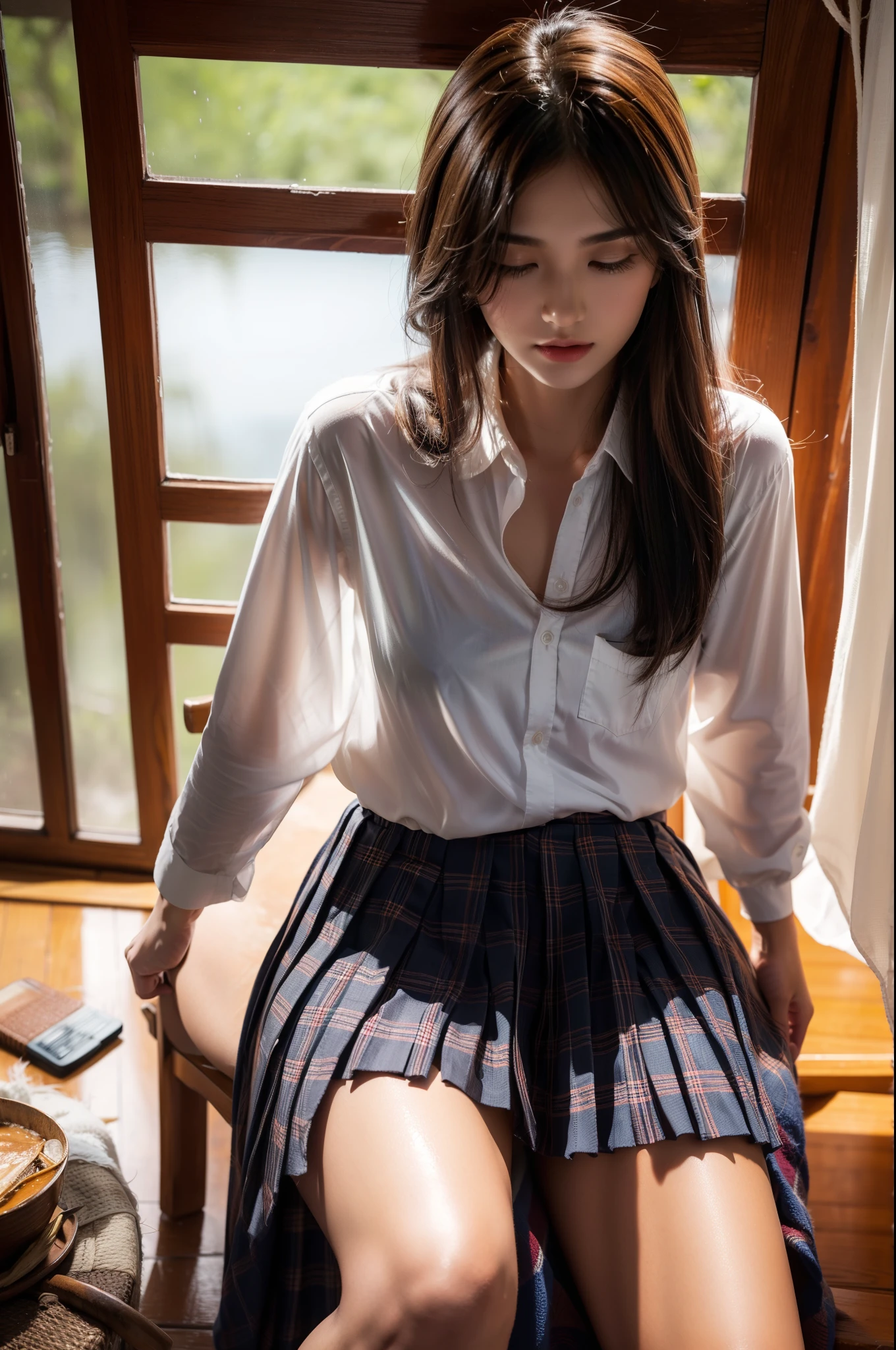 Artie Future Animation. bird's eyes view, Dirty woman sitting on chair in dilapidated house, Wet hair covering eyes, Detailed slim fit shirt and pleated skirt. vixip, closeup landscape, hurt. Freehand painting, 电影灯光, The content is very detailed. The white, Brown, Red. Perfect work, tmasterpiece, Best quality at best, 4K, Focus sharp. perfect anatomia.