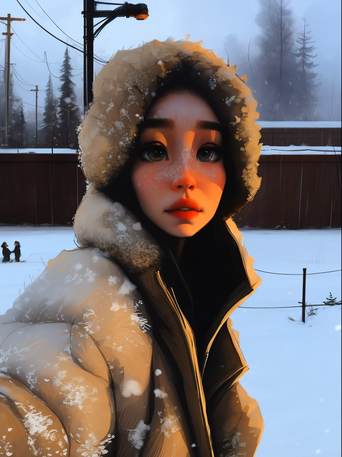samdoesarts Charlie Bowater realistic Lithography sketch of a woman in the snow, [gears], pipes, dieselpunk, wearing a sweater and jeans, old  texture, highly detailed