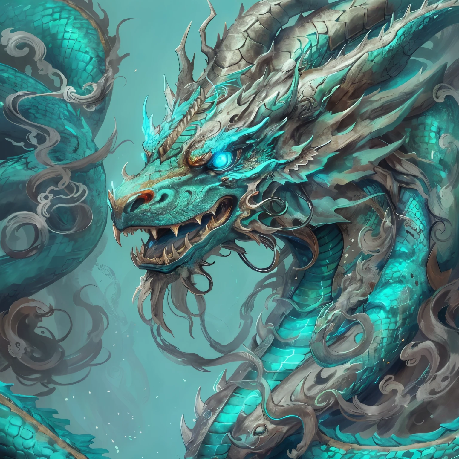 chinese dragon concept art, smooth chinese dragon, Portrait of a cyborg dragon, mythological creatures, Chinese Dragon, ultra detailed Digital art, great digital art with details, dragon portrait, cyan chinese dragon fantasy