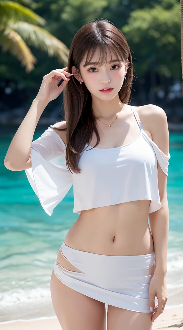 (bestquality, Realistic: 1.3), full body image, 1girl in, Middlebox, Light brown hair, blunt bangs, hair behind ear, hair over shoulder, long-haired, Slender Figure, ultra-fine face, Sensitive lips, beautidul eyes, Thin blush, The eyes are light brown.........., Perfect glossy skin, Flawless skin, Glittering sweat, See here.........., Ultra-thin hands, Ultra-fine fingers, best ratio four fingers and one thumb, (reality:1.3), finger extension, white blouse, White short skirt, super model legs, flat. , Eye-Level Shot, chesty, 10,Broadleaf forests (environment, The sea,sandy beach) (Random swimsuit,Random clothing color)