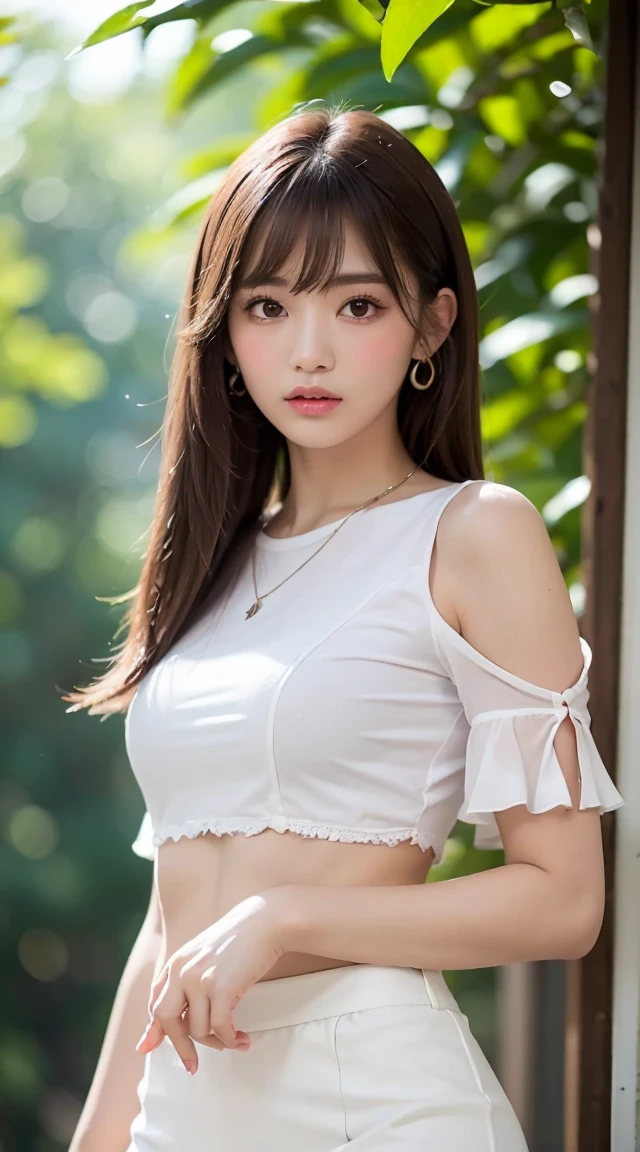 (bestquality, Realistic: 1.3), 1girl in, Middlebox, Light brown hair, blunt bangs, hair behind ear, hair over shoulder, long-haired, Slender Figure, ultra-fine face, Sensitive lips, beautidul eyes, Thin blush, The eyes are light brown..........., Perfect glossy skin, Flawless skin, Glittering sweat, See here..........., Ultra-thin hands, Ultra-fine fingers, best ratio four fingers and one thumb, (reality:1.3), finger extension, white blouse, White short skirt, super model legs, flat. , Eye-Level Shot, chesty, 10,Broadleaf forests (environment, In the area) (Random costumes,Random clothing color)