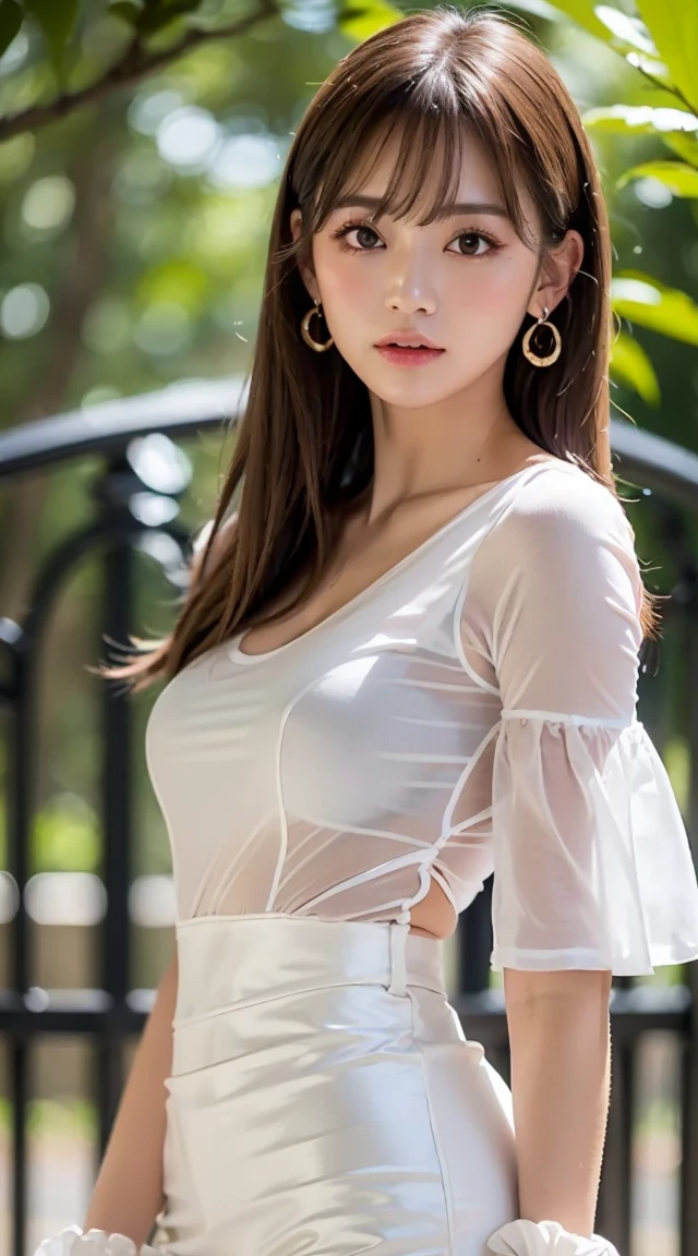 (bestquality, Realistic: 1.3), 1girl in, Middlebox, Light brown hair, blunt bangs, hair behind ear, hair over shoulder, long-haired, Slender Figure, ultra-fine face, Sensitive lips, beautidul eyes, Thin blush, The eyes are light brown..........., Perfect glossy skin, Flawless skin, Glittering sweat, See here..........., Ultra-thin hands, Ultra-fine fingers, best ratio four fingers and one thumb, (reality:1.3), finger extension, white blouse, White short skirt, super model legs, flat. , Eye-Level Shot, chesty, 10,Broadleaf forests (environment, In the area) (Random costumes,Random clothing color)