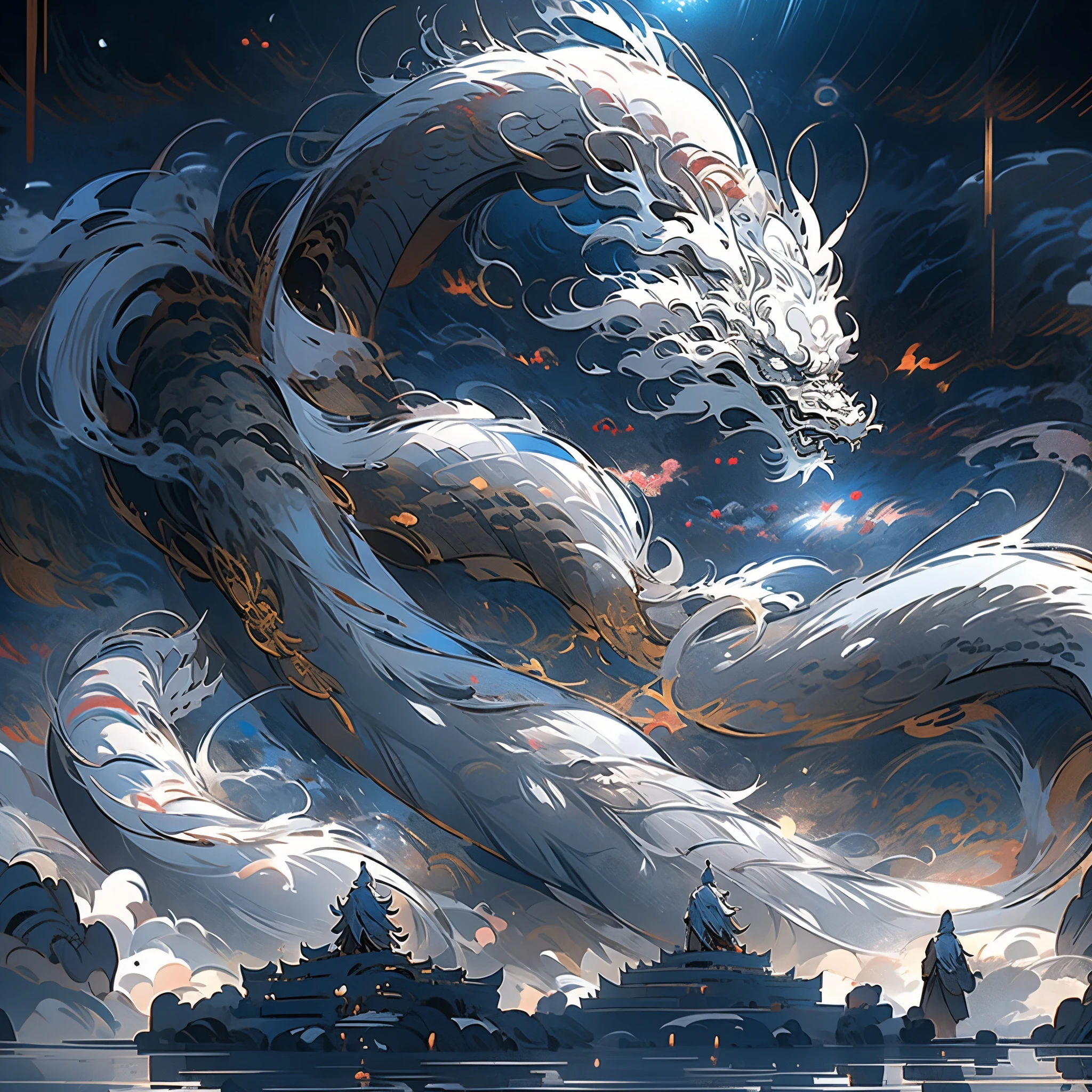 estilo da porcelana，中景 the scene is，The Taoist priest stood before a huge transparent dragon，Holding out your hands，long messy hair，efeito de brilho，hyper-realistic，Ultra foto realsisim，Chinese black and white ink style，prata，Discoloration，Mancha，Inky，8k，super-fino，alta qulidade，Renderizador OC