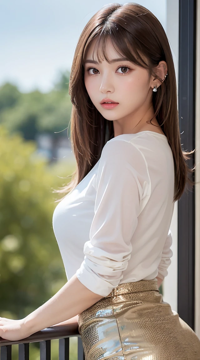 (bestquality, Realistic: 1.3), 1girl in, Middlebox, Light brown hair, blunt bangs, hair behind ear, hair over shoulder, long-haired, Slender Figure, ultra-fine face, Sensitive lips, beautidul eyes, Thin blush, The eyes are light brown......., Perfect glossy skin, Flawless skin, Glittering sweat, See here......., Ultra-thin hands, Ultra-fine fingers, best ratio four fingers and one thumb, (reality:1.3), finger extension, white blouse, White short skirt, super model legs, flat. , Eye-Level Shot, chesty, 10,Broadleaf forests (environment, in a city in France) (Random costumes,Random clothing color)