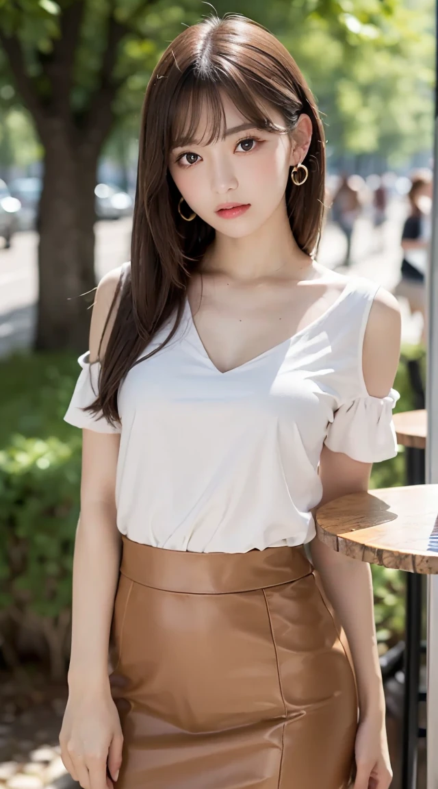 (bestquality, Piece Table, ultra hd: 1.3), 1girl in, Middlebox, Light brown hair, blunt bangs, hair behind ear, hair over shoulder, long-haired, Slender Figure, ultra-fine face, Sensitive lips, beautidul eyes, Thin blush, The eyes are light brown......., Perfect glossy skin, Flawless skin, Glittering sweat, See here......., Ultra-thin hands, Ultra-fine fingers, best ratio four fingers and one thumb, (reality:1.3), finger extension, white blouse, White short skirt, super model legs, flat. , Eye-Level Shot, chesty, 10,Broadleaf forests (environment, in a city in France) (Random costumes,Random clothing color)