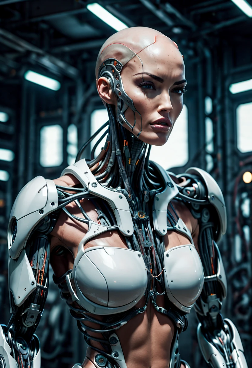 (beautiful muscular borg queen:1.25), (megan-fox:1.5), (full body pose), (mechanical muscles and tendons:1.5), (no hair), (bald head covered in cables:1.5), (robotic mechanical physique:1.5), (super muscular female cyborg:1.5), (covered in cables and mechanical muscles:1.5), (android muscular anatomy:1.5), (perfect fingers:1.25),(8k, RAW photo, photorealistic:1.25), sci fi atmosphere, futuristic dystopia, alien landscape,