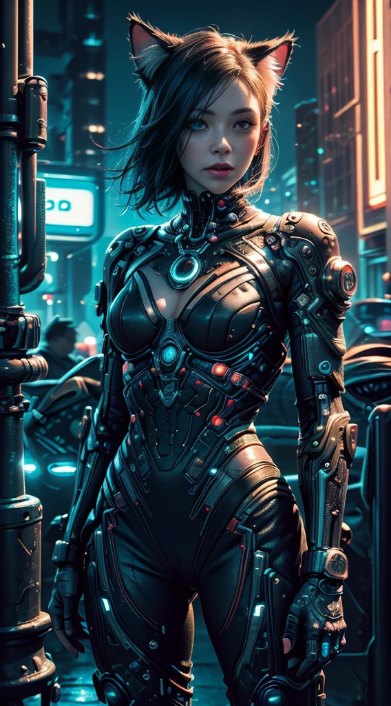 Beautiful photo of Reika Shimohira as a ((Cyberpunk Nekomata ((catgirl)))), ((shapeless hairstyle)), slender body, cat ears, cat tail), (full length shot), (dynamic pose), science fiction, ((futuristic cyberpunk city in the background)), Gantz, Cyberpunk 2077, Ultra realistic photo, masterpiece, best quality, CG, wallpaper, HDR, high quality, high-definition, extremely detailed, {beautiful detailed face}, {beautiful detailed eyes}, (detailed light){{intricate detail}}, {highres}, ((detailed face)), neon light, chiaroscuro, key visual, intricate detail, highly detailed, breathtaking, vibrant, cinematic lighting, 18+, Nsfw