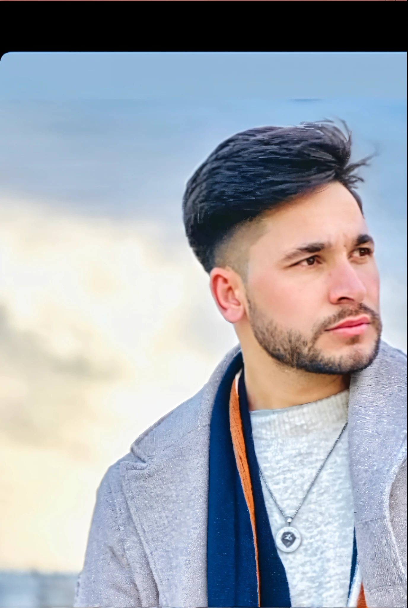 arafed man in a coat and scarf sitting on a bench, style from greg rutkowski, cold as ! 🧊, by Niko Henrichon, by Tom Wänerstrand, by Carey Morris, blue and orange tones, wearing a scarf, classic vibes, by Daniel Lieske, 🪔 🎨;🌞🌄, detailed style