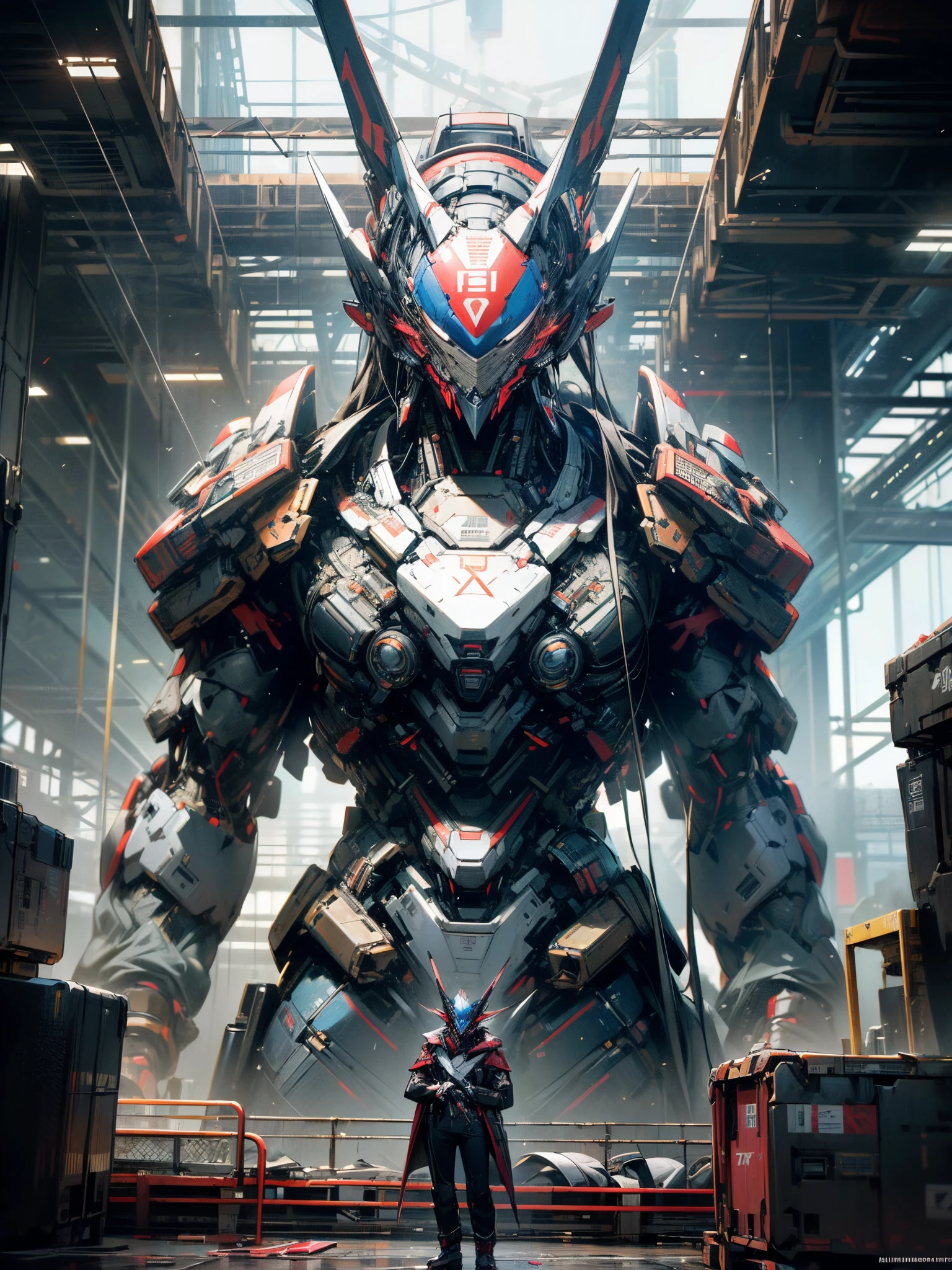 ((tmasterpiece)),((best qualtiy)),((Perfect details)),((A high resolution)),(Up),giant mecha,Cyberpunk art of a,future reality,フォトリアリスティック,复杂,Look up at the perspective,structurally correct,stand posture