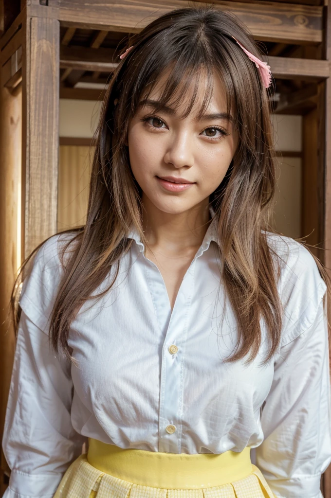 beautiful Japan woman, Nice perfect face with soft skin, Small face with pink nose and lips, olhos bonitos, sorriso bonito. portanto, Fim, Longas, Beautiful hair bathed in a bright etheric glow. Cute Gray Gradient Highlight Layer Fluffy Medium Hairstyle, Navy Band Collar Shirt× Flared Yellow Skirt Houndstooth, fundo colorido brilhante do neon, foto super realista da mulher, High quality high resolution 8K masterpiece. Virtual Tour of Japan'Lugares Famosos: A series of posts where Yumi 'visitas' iconic locations in Japan, como o Monte Fuji, the streets of Shibuya or historic temples, combinando elementos tradicionais e modernos.