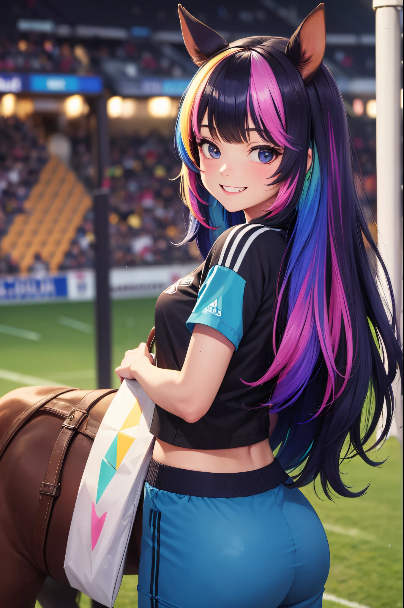 (highres:1.2),solo,girl with horse ears,smiling,back turned to the viewer,Slacks,sporty clothing,soccer field,diamond,multicolored hair,multicolored eyes