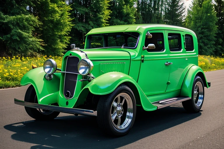 white-yellowish metallic 4x4 1930s SUV-Van in motion, fantasy, no logo, urban, 1930s (style), worm colors, a small building, High detailed, Color magic, Saturated colors, Color saturation, wrench_elven_arch, Mecha body, modelshoot style, photo r3al, c_car, greg rutkowski, car, yurayura_yuuura, f1ame, Epicrealism, dark background, Realism, 8K, HD