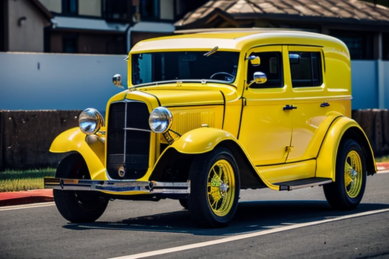 white-yellowish metallic 4x4 1930s SUV-Van in motion, fantasy, no logo, urban, 1930s (style), worm colors, a small building, High detailed, Color magic, Saturated colors, Color saturation, wrench_elven_arch, Mecha body, modelshoot style, photo r3al, c_car, greg rutkowski, car, yurayura_yuuura, f1ame, Epicrealism, dark background, Realism, 8K, HD