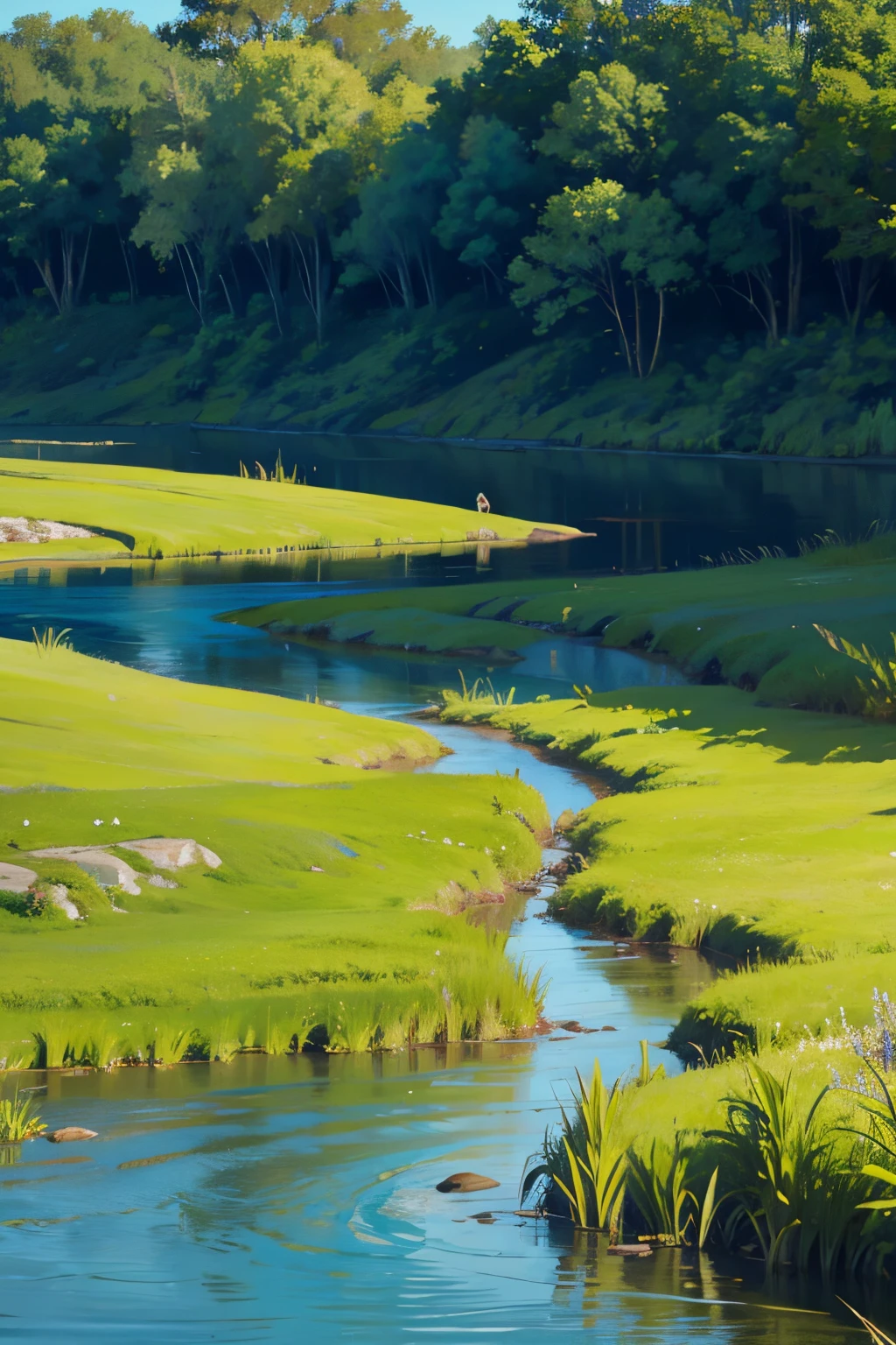 a view of a river with a few small green plants in it, marshes, twisted waterway, marsh, marsh vegetation, blue and green water, grass and water, green waters, shallow waters, rhode island, description, shallow water, inlets, puddles of turquoise water, by Thomas M. Baxa, river with stunning water, stunning sight, by Thomas Crane