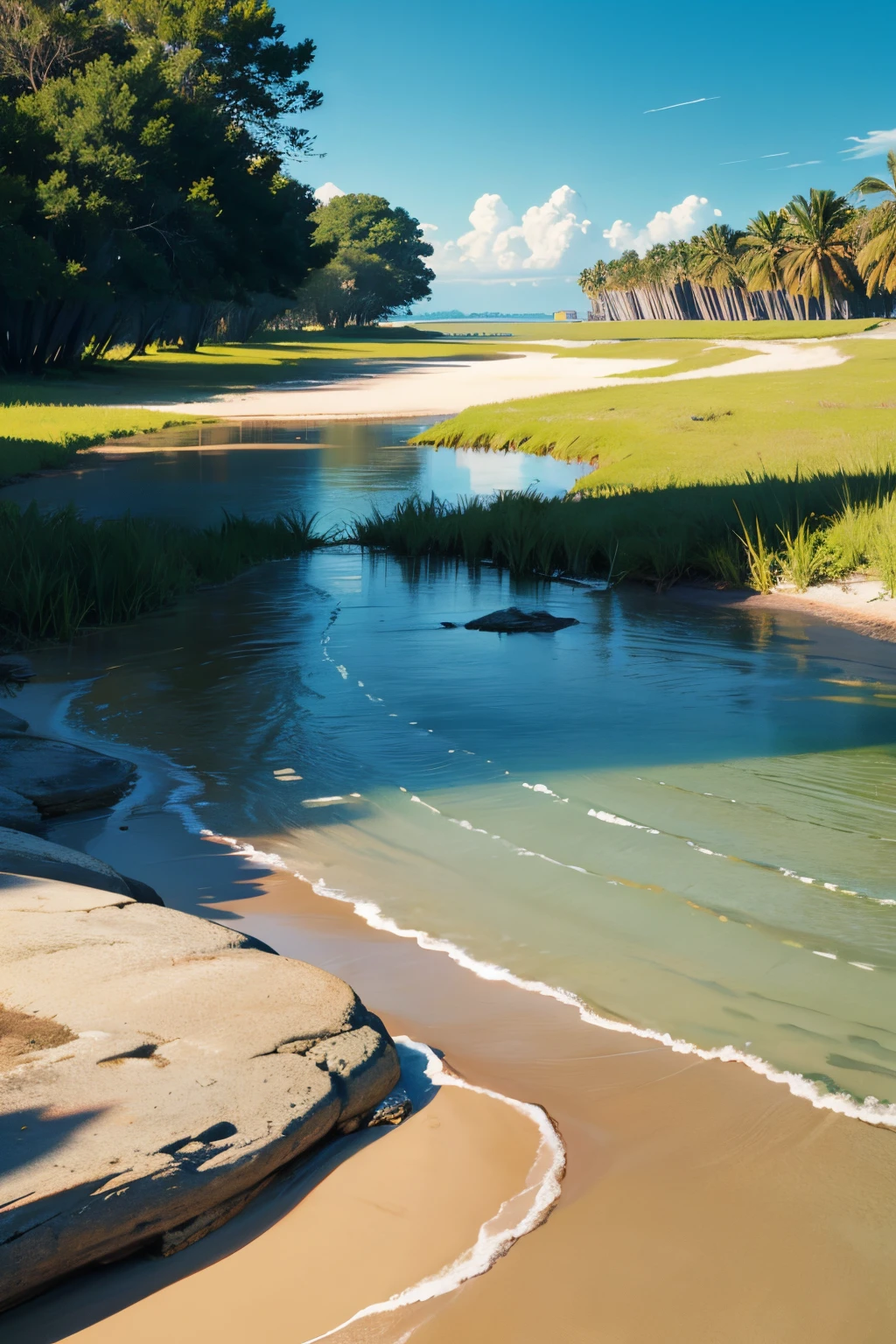 Grass flats in the gulf coast of Florida. Calm water. Low tide. Ground level.
