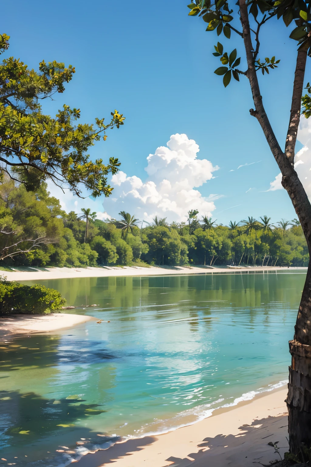there is a mangrove tree that is growing out of the sand in shallow calm water, mangrove trees, a mangrove swamp, a sparsely populated, island landscape, an island, eye-level view, island, on an island, by Pamela Drew, serene environment, looking left, beach trees in the background, long shot view, shallow waters, peaceful environment, the tree is on top of a calm sea