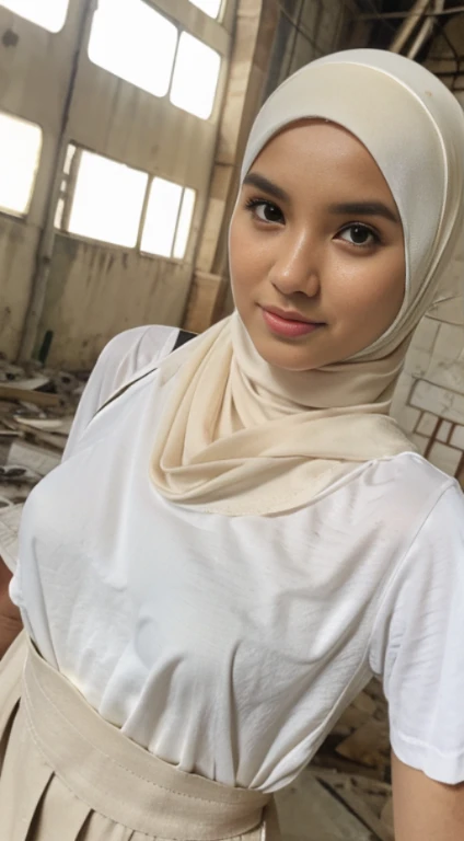 Girl, malay, tanned skin, sma uniform, white khimar, hijab, hide hair, hide neck, long white shirt, gray long skirt, sharp nose, 18 years old, pale skin, big round glasses, big eye, beautiful eye, seductive face, carrying bagpack, inside big abandoned factory building, closed room, brick, side pose, realistic eye, highest angle, unbotten shirt, small breast, nipple