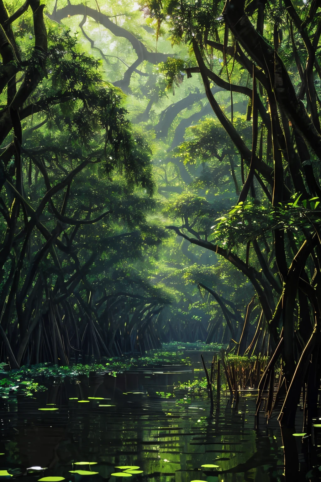trees growing in the water with green leaves and water, a digital rendering by Tadashi Nakayama, flickr, fine art, mangrove trees, mangrove swamp, dense thickets on each side, many thick dark knotted branches, thick and dense vines, small and dense intricate vines, intricate foreground, entangled foliage, intricate roots, thick bushes, plant roots