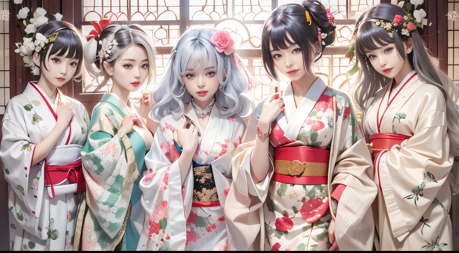 Group photo of 7 people、There is a woman wearing a kimono and holding a flower-patterned umbrella........, in a kimono, in a kimono, Kimono, pale and coloured kimono, Wearing kimono, wearing silver silk robe, japanese kimono, shikamimi, sakimichan, In silver silk robes, Anime Girl , goddess of Japan, Ayami Kojima Amano, portrait a woman like reol, Wearing a kimono