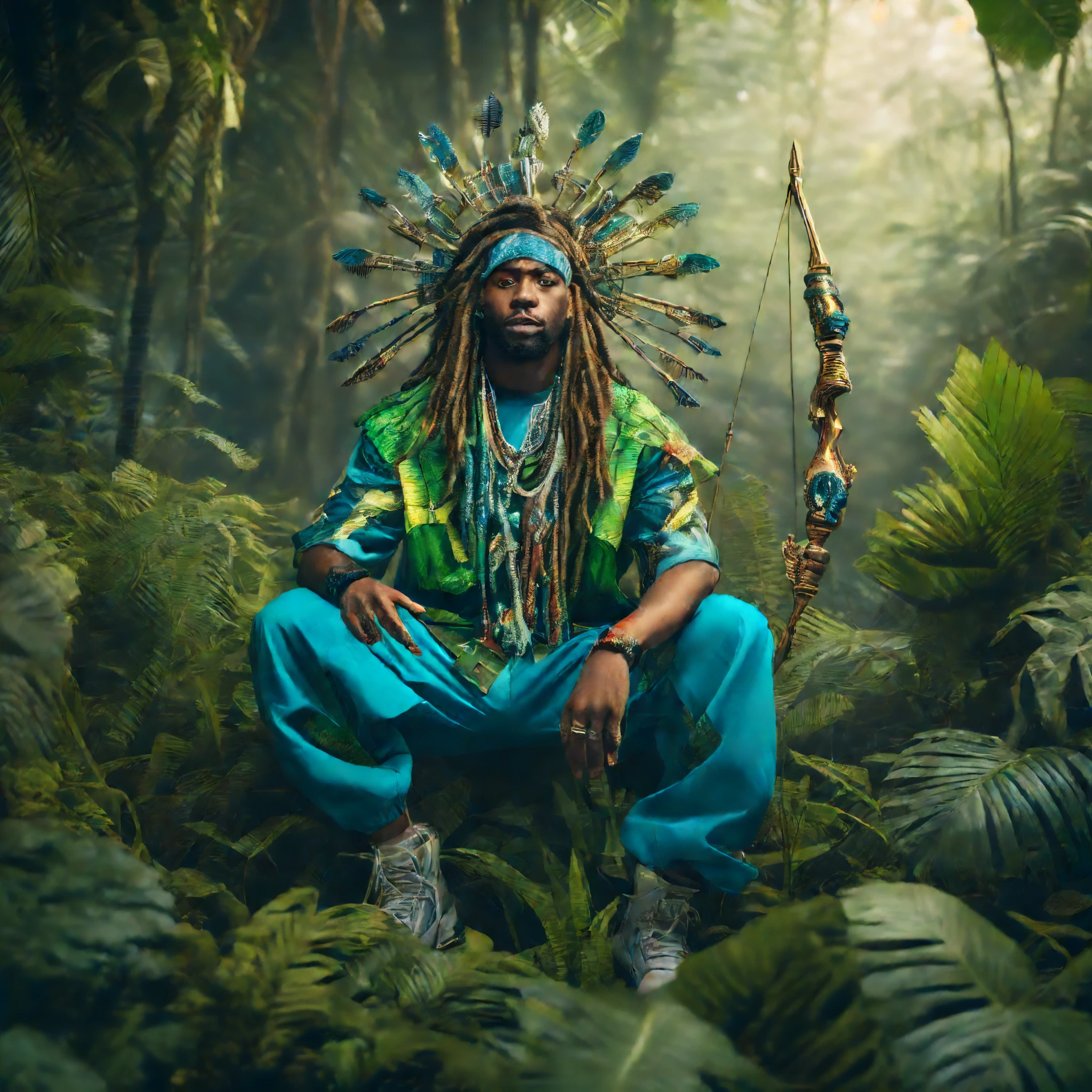 Hip hop wearing, A hip hop god with dreadlocks wearing a green and blue hip hop clothes in The jungle with animals and holding a futuristic bow and arrow, black man, big Soundspeakers in The jungle like a show, rapper clothes, afrofuturism fashion, ultra quality, 8K, intricate details, beautiful face, God Hunther, cinematic scene and light, hip hop style