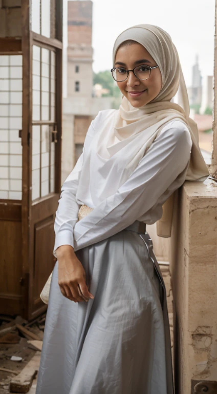 Girl, malay, tanned skin, sma uniform, white khimar, hijab, hide hair, hide neck, long white shirt, gray long skirt, sharp nose, 18 years old, pale skin, big round glasses, big eye, beautiful eye, seductive face, carrying bagpack, inside big abandoned factory building, closed room, brick, side pose, realistic eye, highest angle, unbotten shirt, small breast, nipple, topeless, smiling