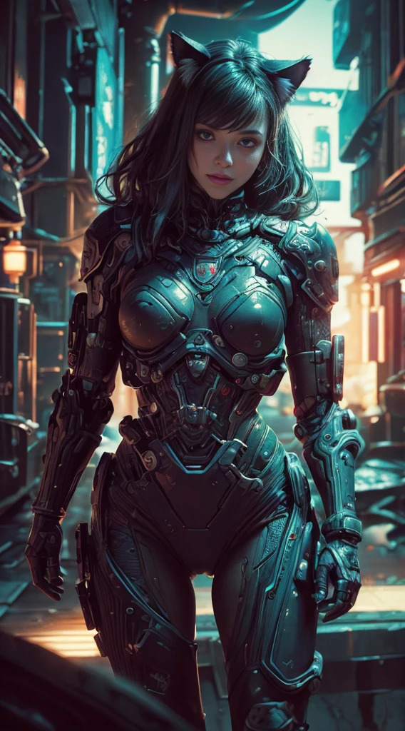 Beautiful photo of Reika Shimohira as a ((Cyberpunk Nekomata ((catgirl)))), ((shapeless hairstyle)), slender body, cat ears, cat tail), (full length shot), (dynamic pose), science fiction, ((futuristic cyberpunk city in the background)), Gantz, Cyberpunk 2077, Ultra realistic photo, masterpiece, best quality, CG, wallpaper, HDR, high quality, high-definition, extremely detailed, {beautiful detailed face}, {beautiful detailed eyes}, (detailed light){{intricate detail}}, {highres}, ((detailed face)), neon light, chiaroscuro, key visual, intricate detail, highly detailed, breathtaking, vibrant, cinematic lighting, 18+, Nsfw